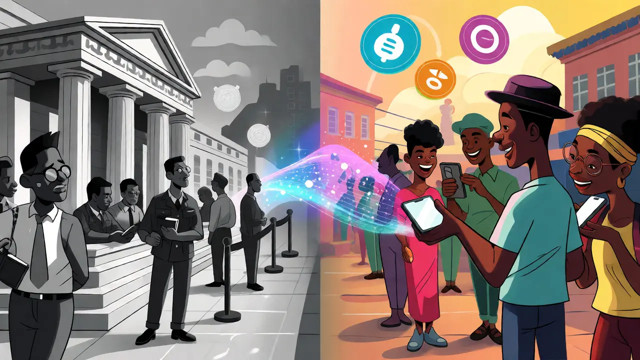 Split view showing strict banks versus happy P2P crypto users in Nigeria.