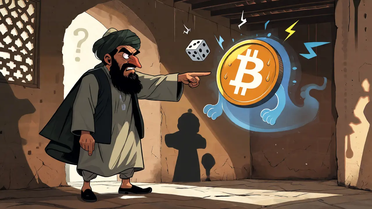 Taliban official banning a confused Bitcoin character citing uncertainty