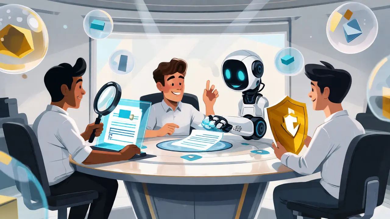 Team collaborating with AI tools and shields for blockchain security