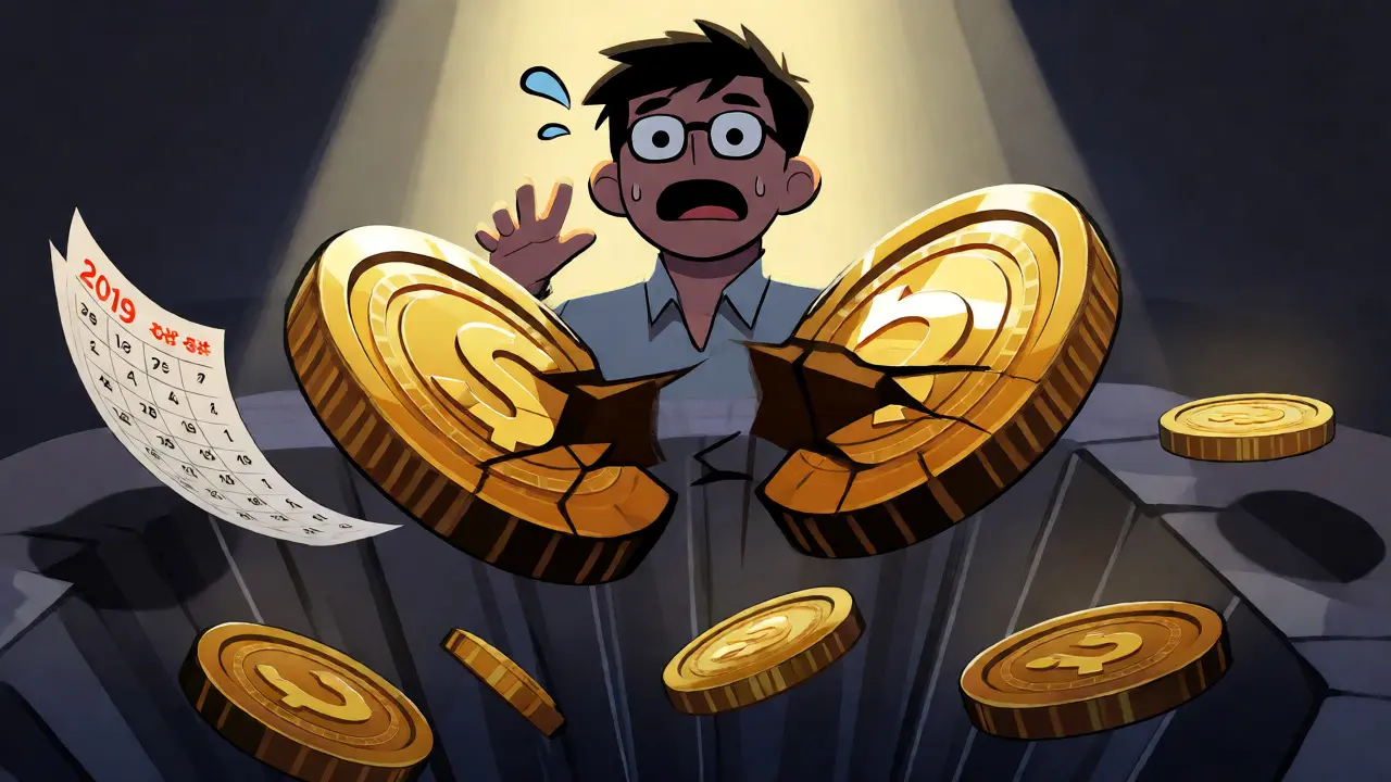 The original FCoin exchange collapsing as coins fall into an abyss.
