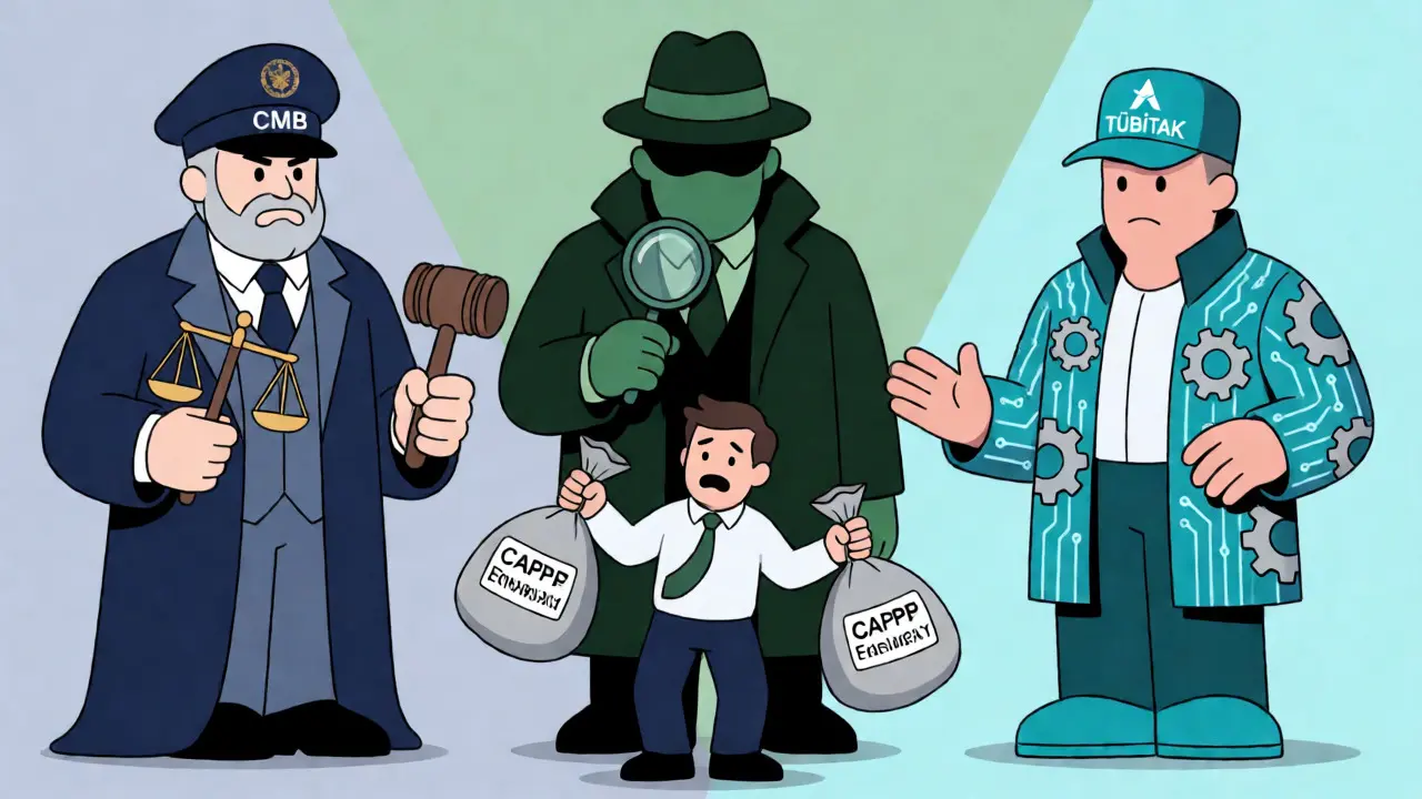 Three cartoon regulators surrounding a nervous crypto exchange operator in a triangle.