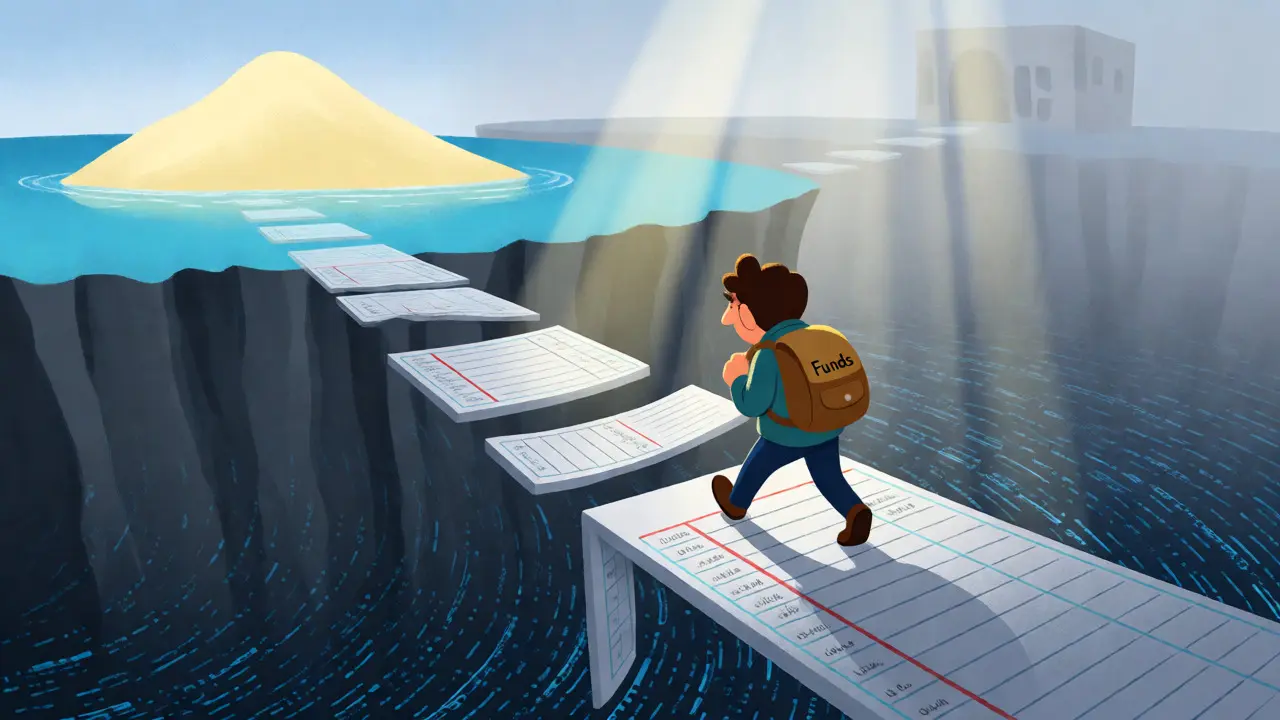 Trader crossing risky bridge over data chasm towards uncertain future