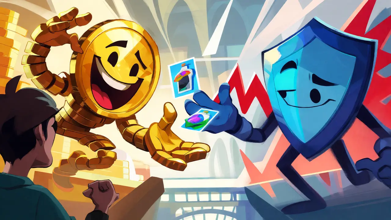 Two cartoon characters representing dual tokens interacting amidst volatility spikes in a digital setting.