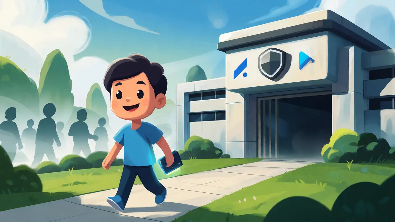 User walking safely toward a fortified, licensed crypto exchange vault.