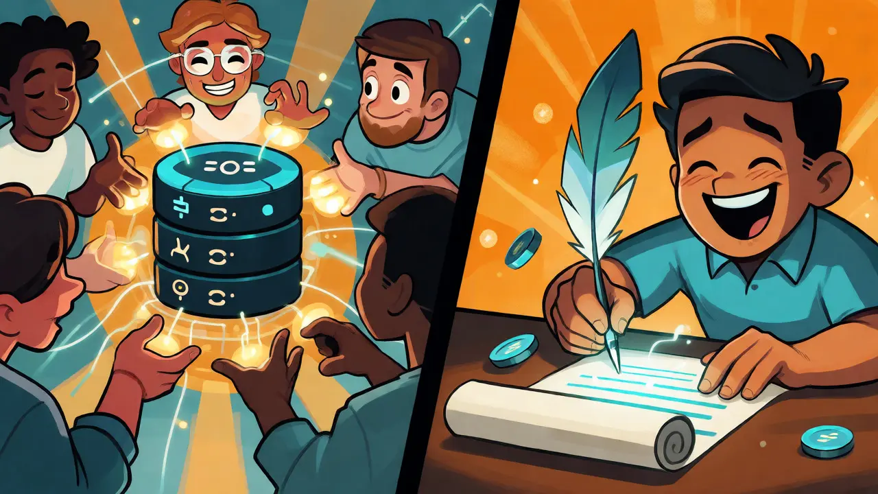 Users connecting to a DeFi network and signing transactions in a colorful cartoon scene.