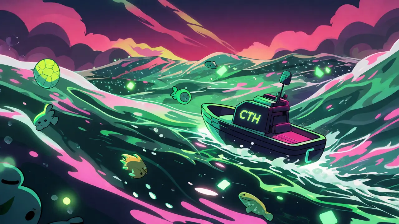 Wallet-shaped boat navigating a sparse neon ocean representing low liquidity on decentralized exchanges.