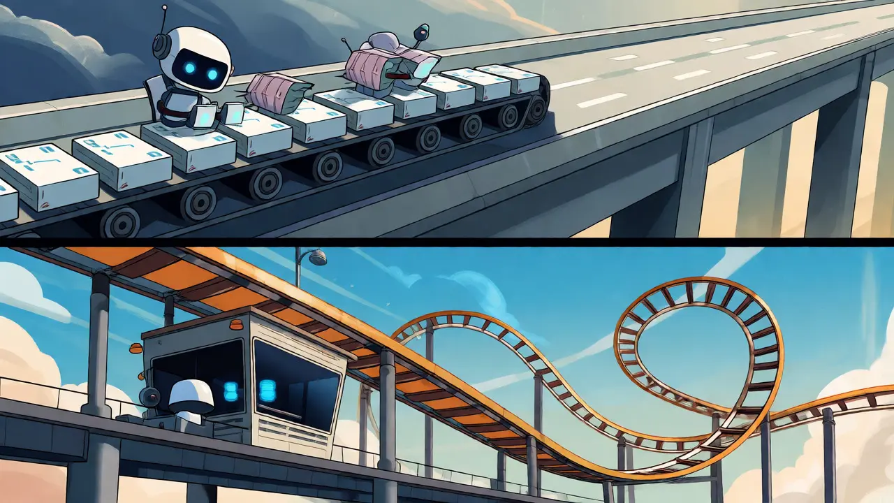 Whimsical diagram showing transaction bundling on a highway versus an independent rollercoaster track.