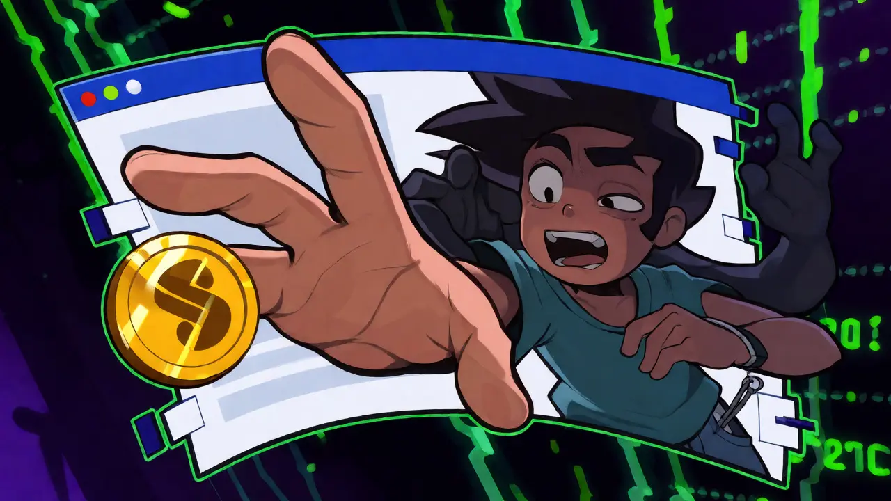 A user reaching for a fake airdrop token while a shadowy figure tries to steal their wallet keys.