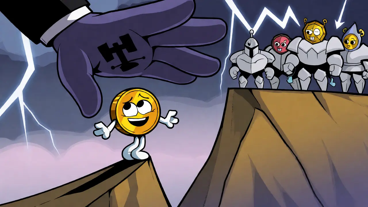 A worried cartoon coin character balancing on a cliff under a looming regulatory shadow.