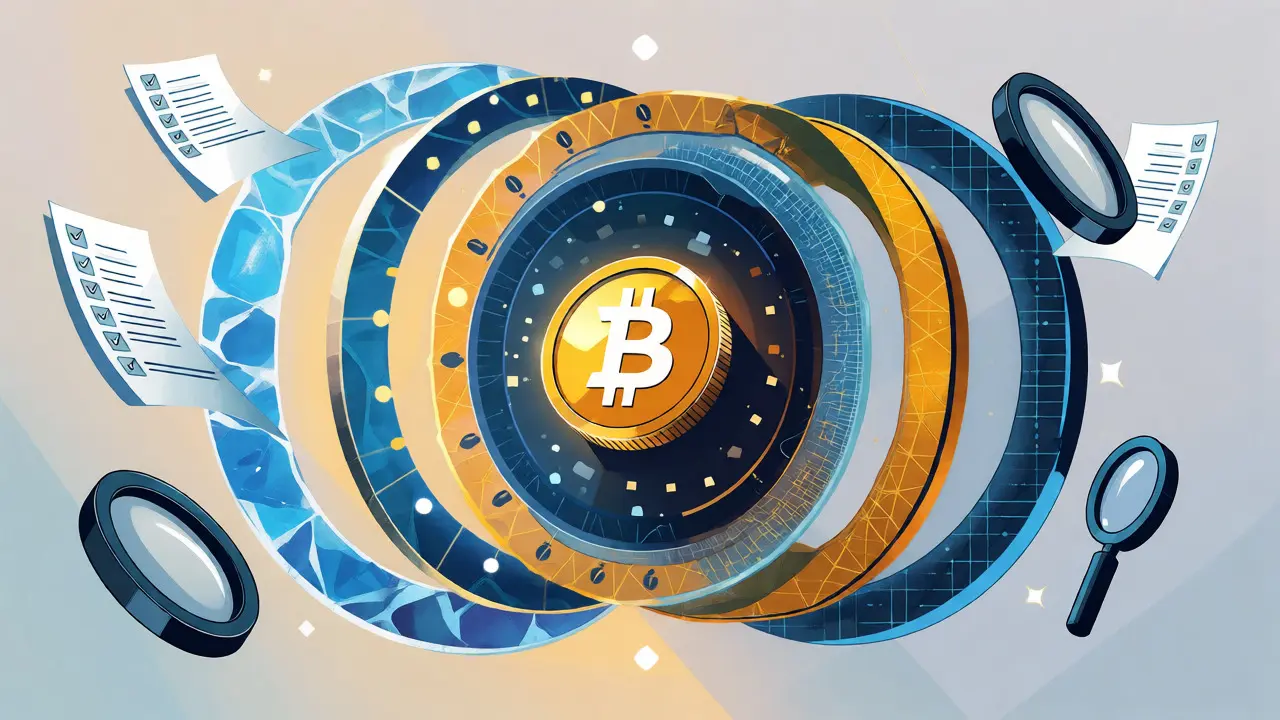 Abstract cartoon showing layered security shields around a crypto coin with missing audit proofs.