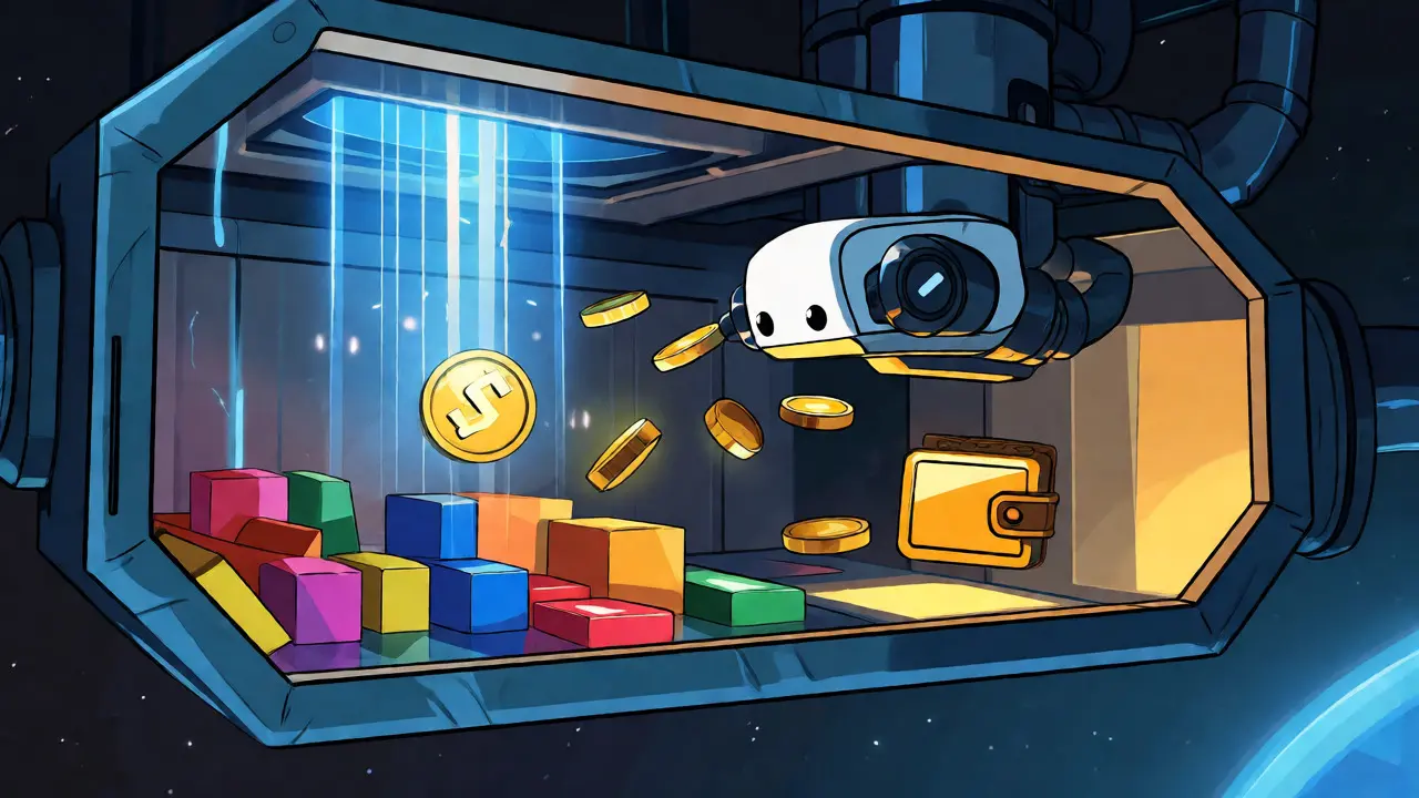 Automated robots distributing coins from a vault in a stylized illustration.