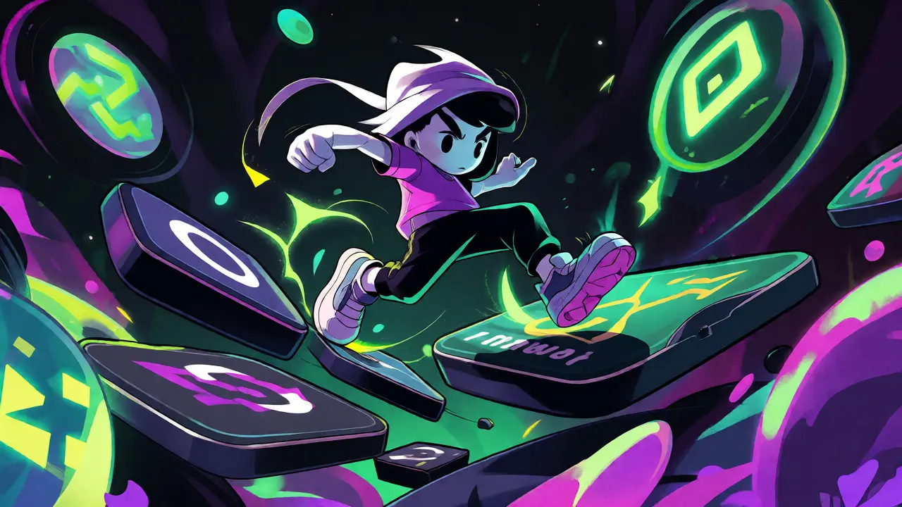 Cartoon avatar jumping across digital platforms to trade crypto tokens.