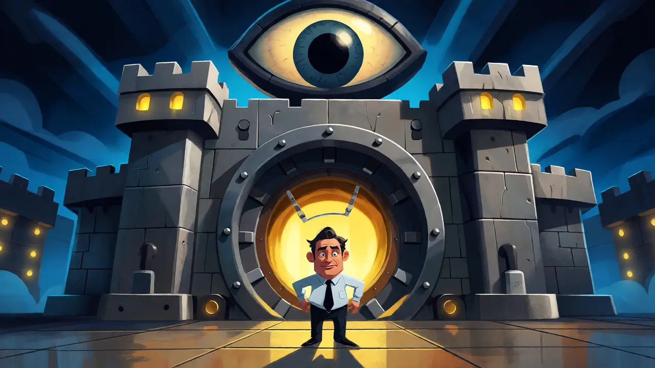 Cartoon banker facing a vault with strict 1% crypto cap and surveillance eye