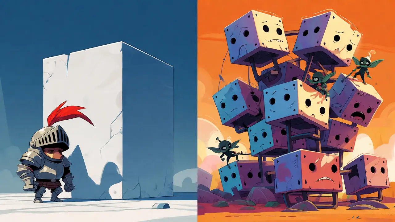 Cartoon comparison of a stable monolith versus a fragile, hacker-prone modular structure