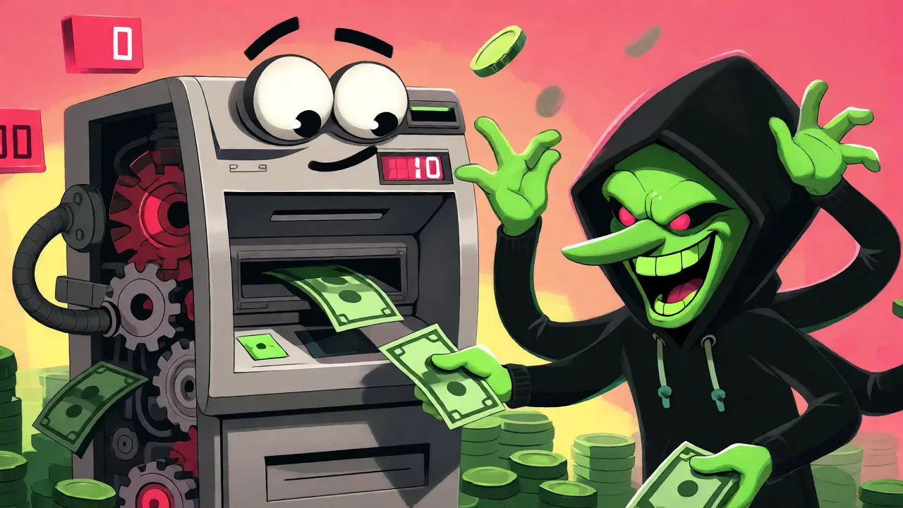 Cartoon depiction of a reentrancy attack where a multi-armed hacker drains an ATM.