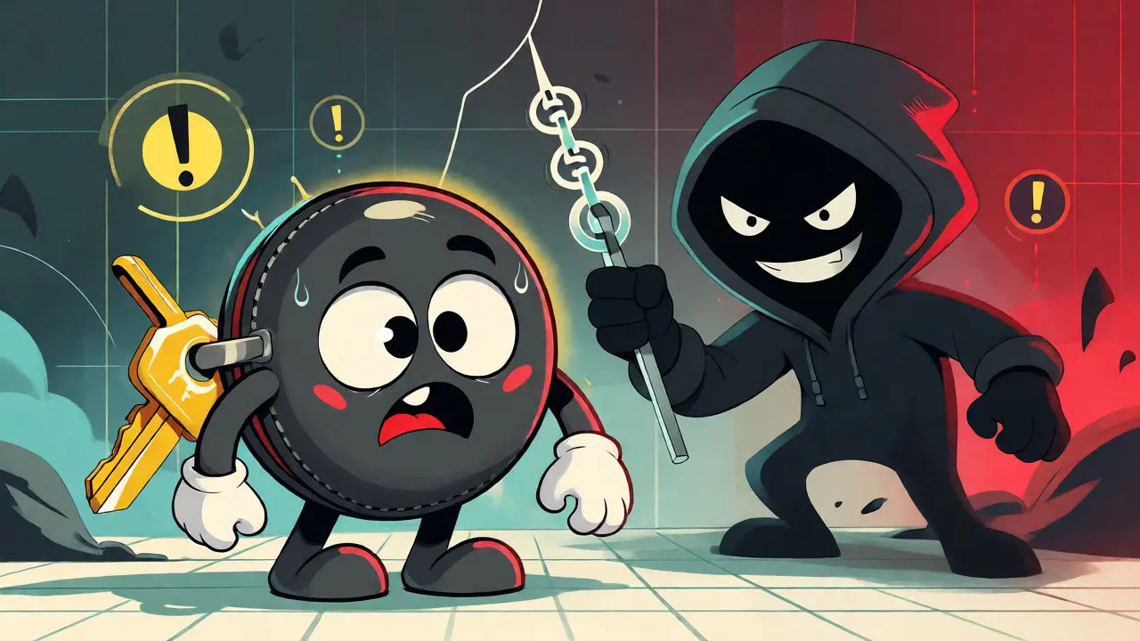 Cartoon wallet character wary of a phishing scammer holding a code hook
