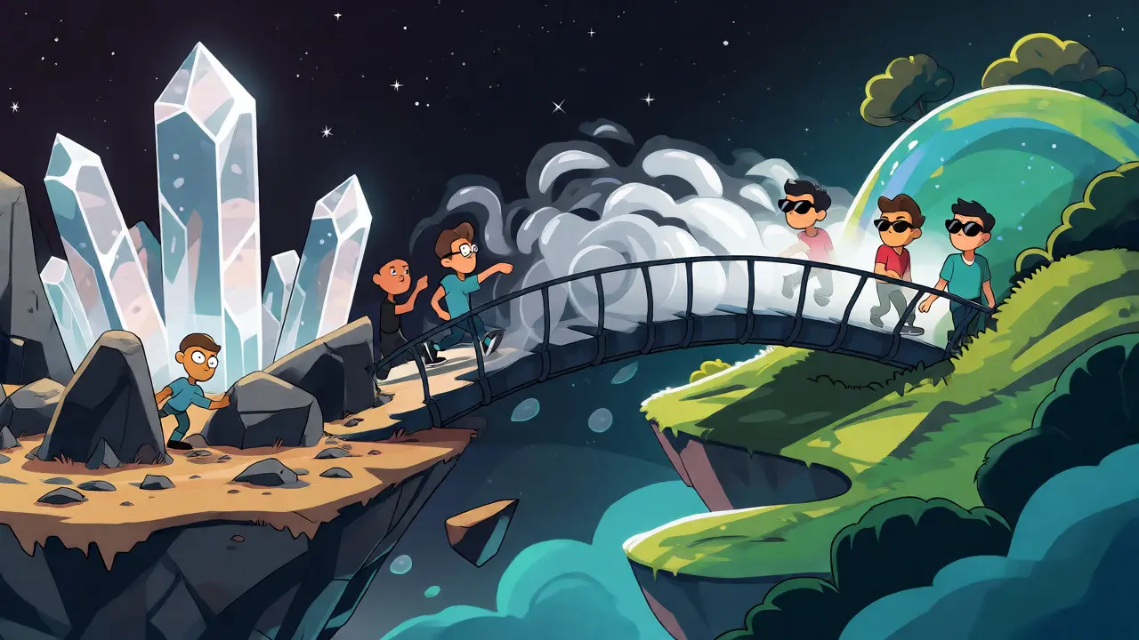 Characters crossing a magical bridge from a rocky public island to a peaceful private island.