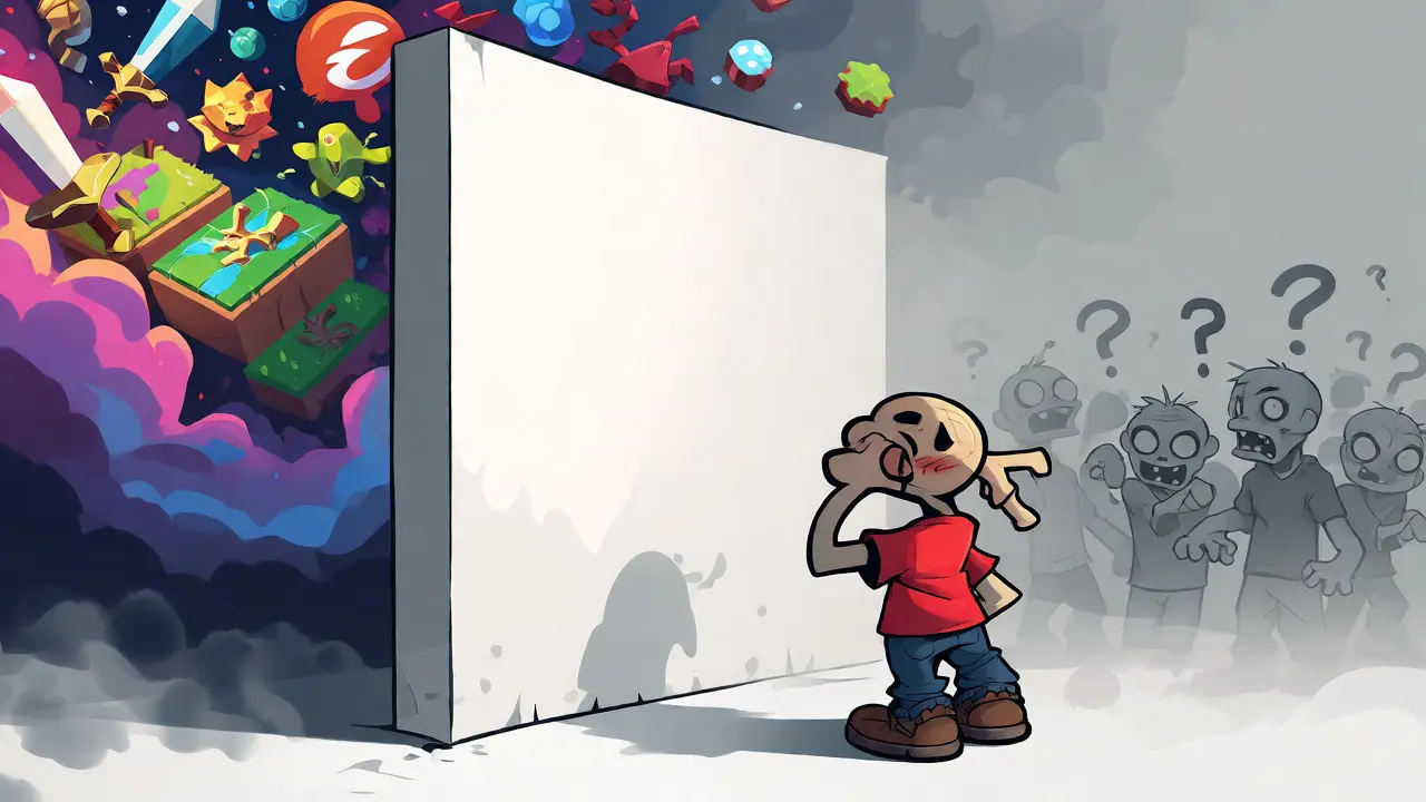 Confused character facing a blank wall next to vibrant game icons, symbolizing missing details.