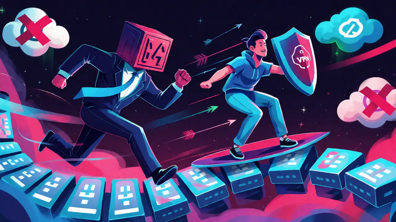 Crypto trader using a VPN shield to evade a chasing regulator in a digital landscape.