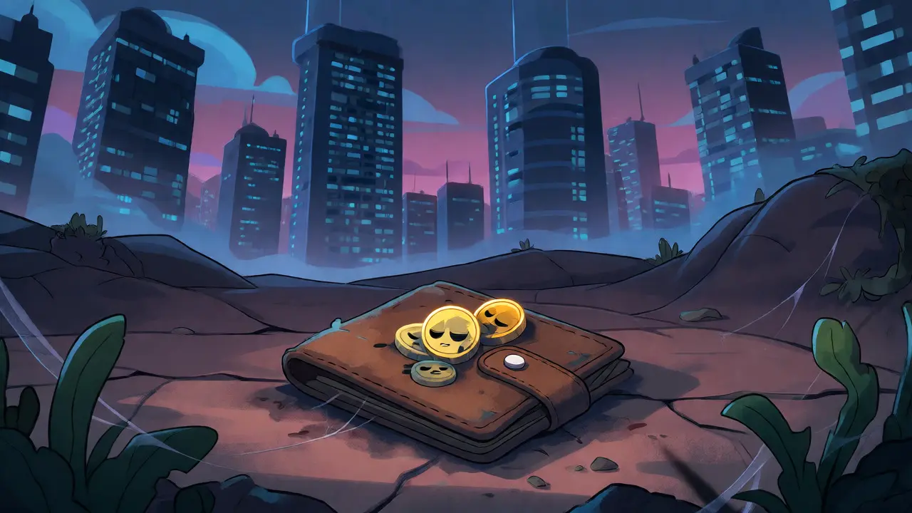 Dusty digital wallet with sleeping zombie tokens in a barren, quiet landscape at twilight.