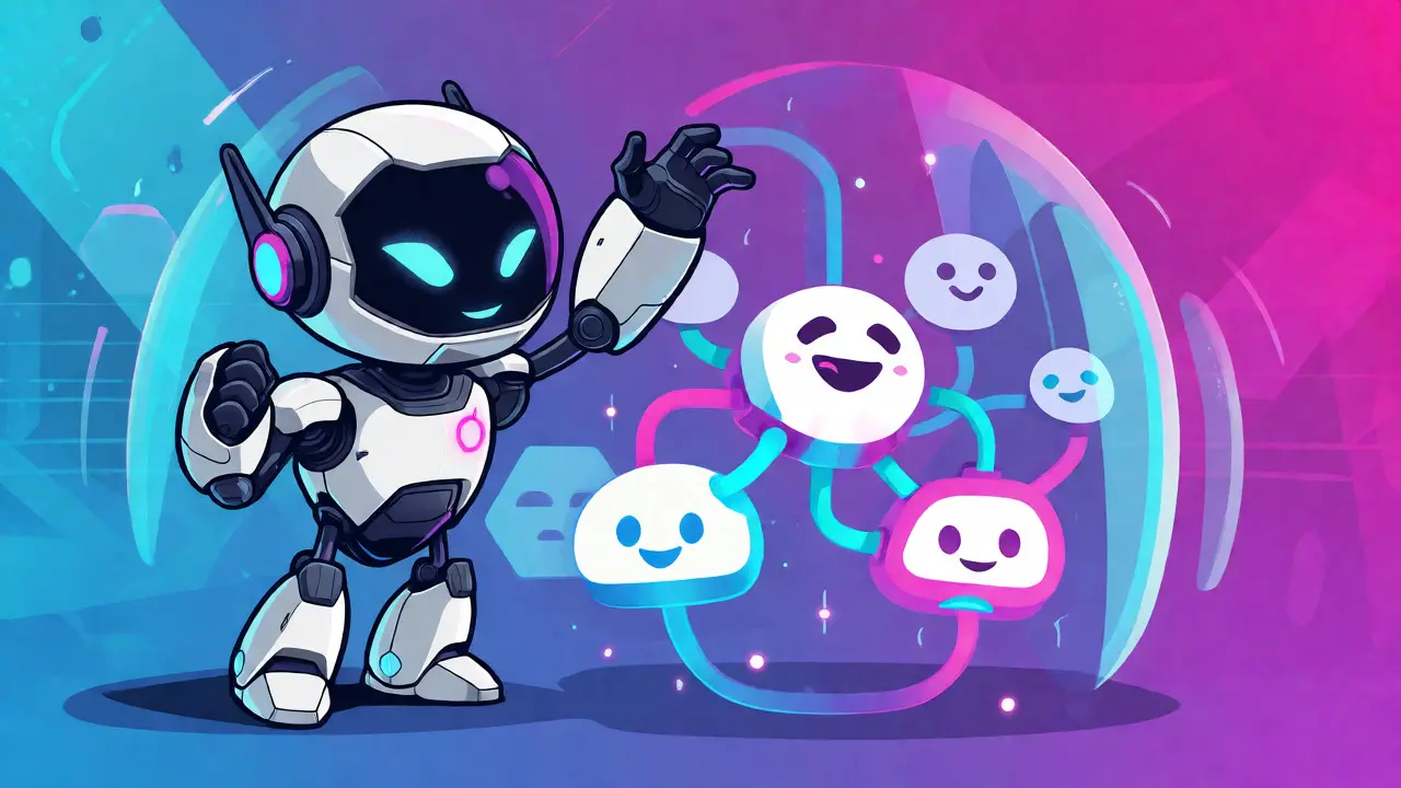Friendly robot guarding connected crypto nodes with shields to illustrate secure design