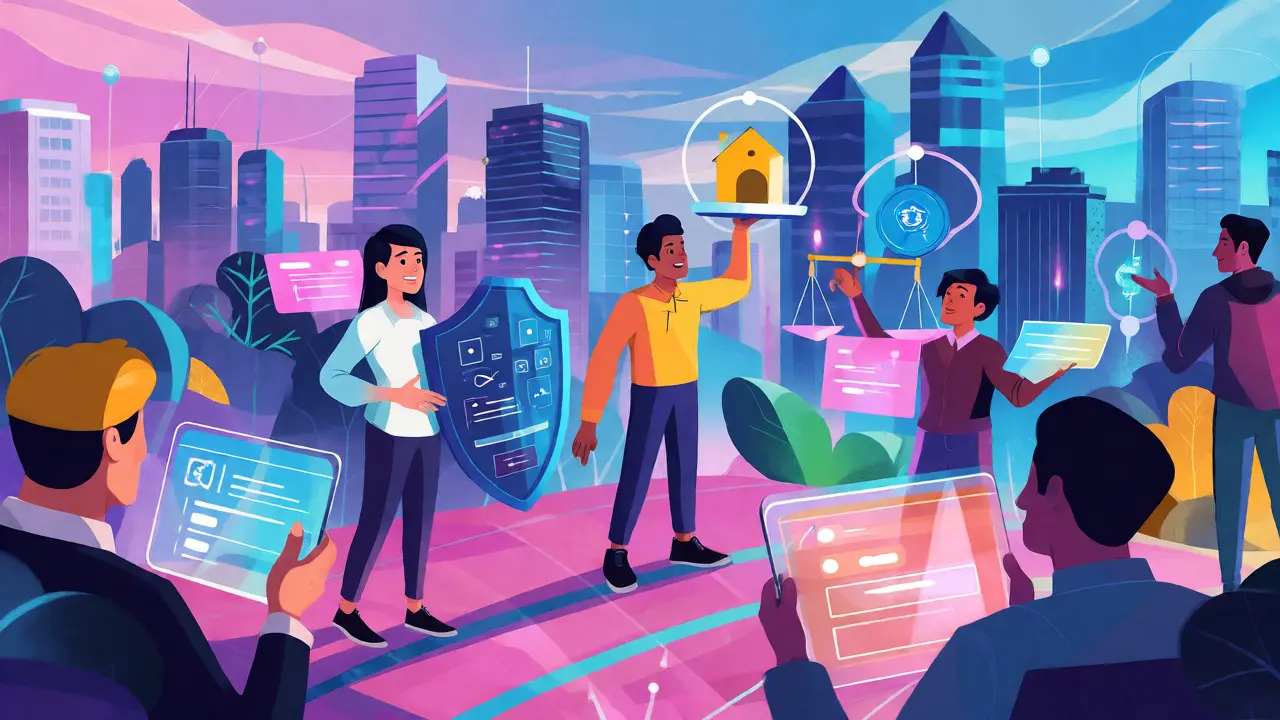 Futuristic cartoon scene blending traditional mortgages with innovative DeFi lending concepts.