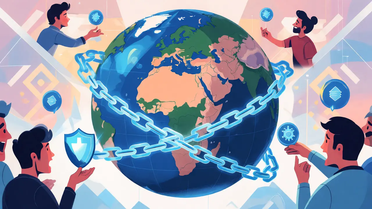 Global globe with digital chains and cartoon avatars exchanging crypto tokens.