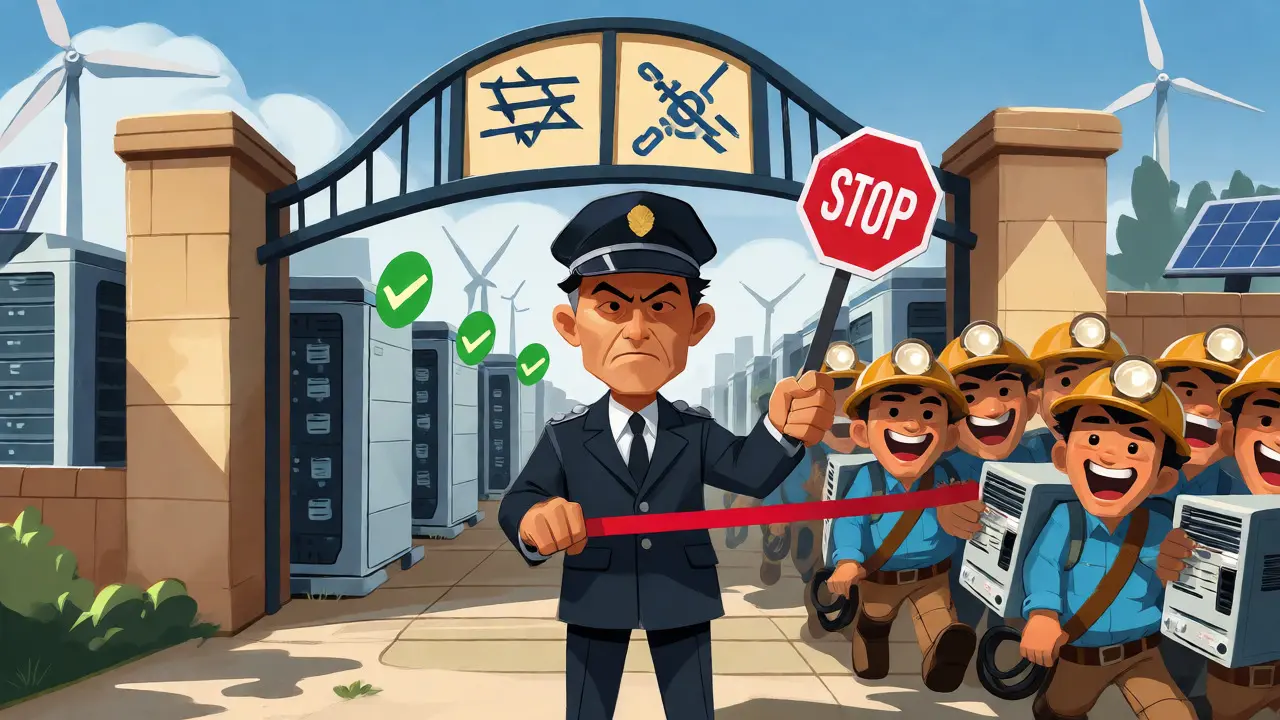 Government official blocking new crypto miners at a border gate while allowing existing ones