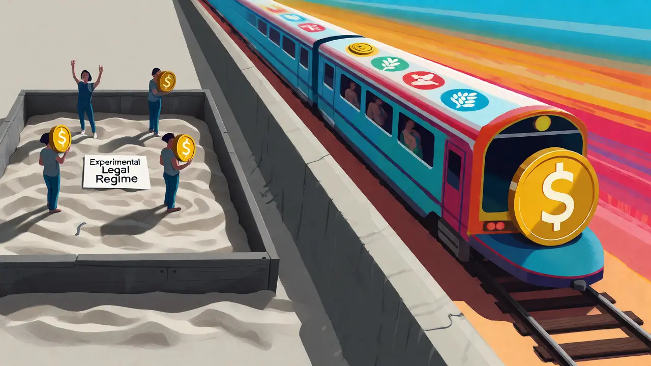 Illustration contrasting a restricted crypto sandbox with open international trade