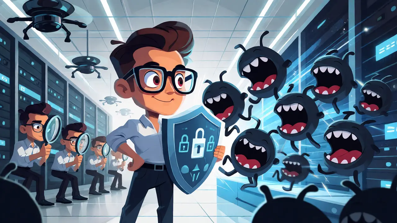 Illustration of a developer shielding against bug monsters during a smart contract audit.