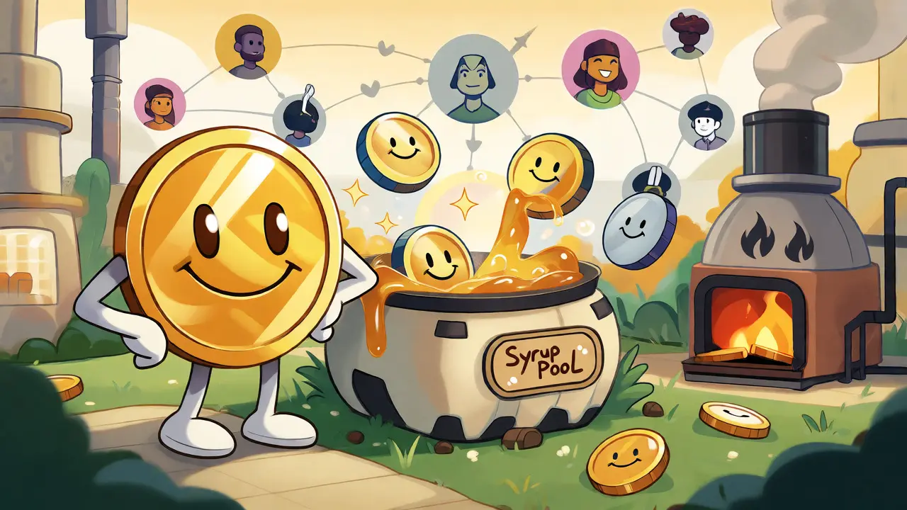 Illustration of CAKE token staking, burning, and governance mechanics in a gamified setting