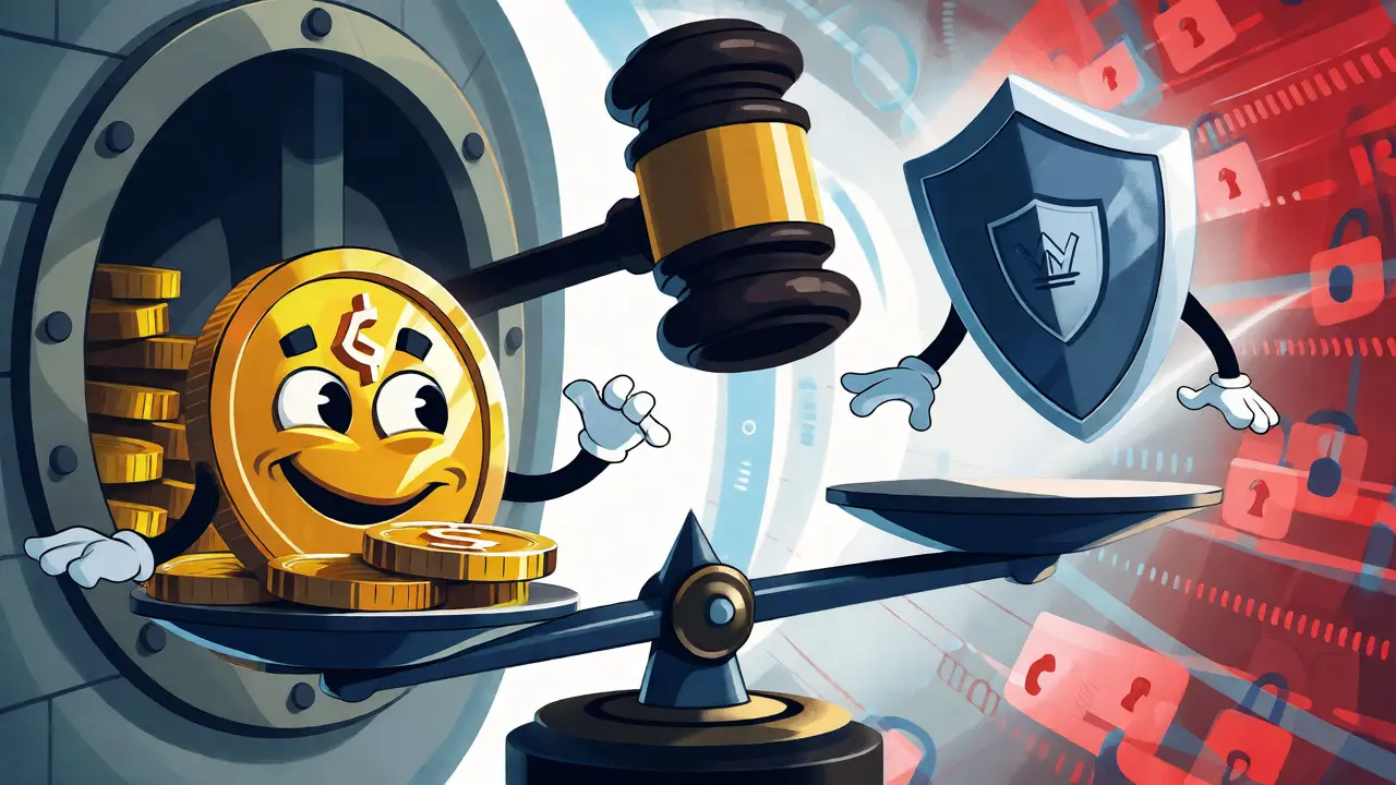 Scale balancing crypto assets against regulatory protection shields.