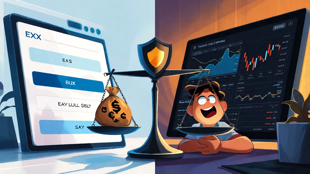 Split-scene comparing simple vs. complex trading interfaces with a balance of risk and ease.