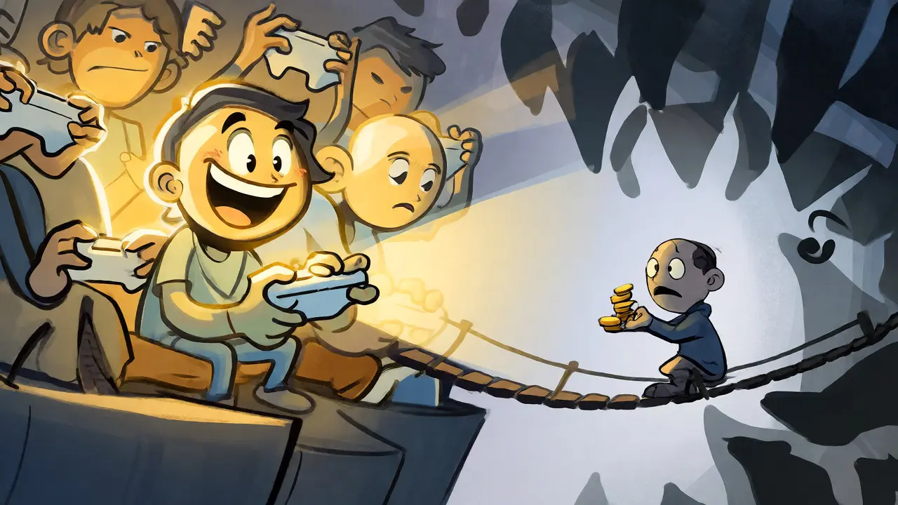Split scene showing happy gamers versus risky investment shadows.