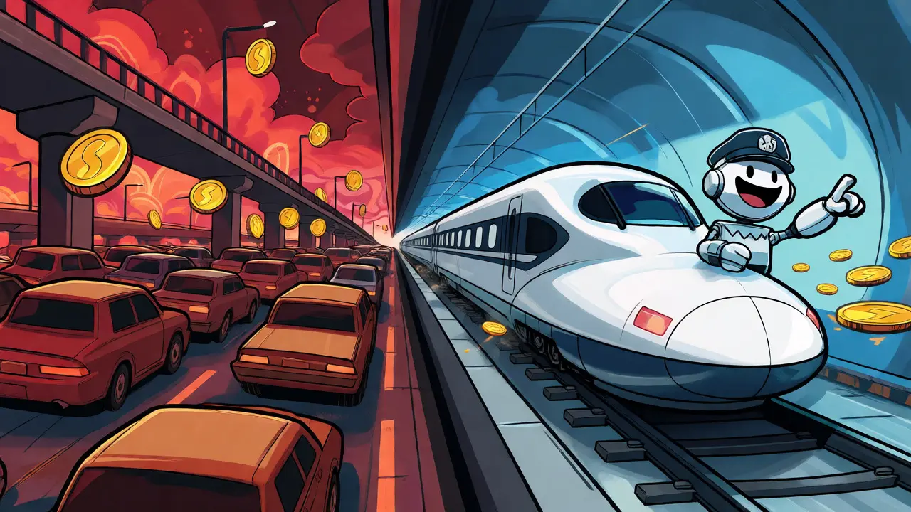 Split screen showing slow Ethereum traffic vs fast Soneium train