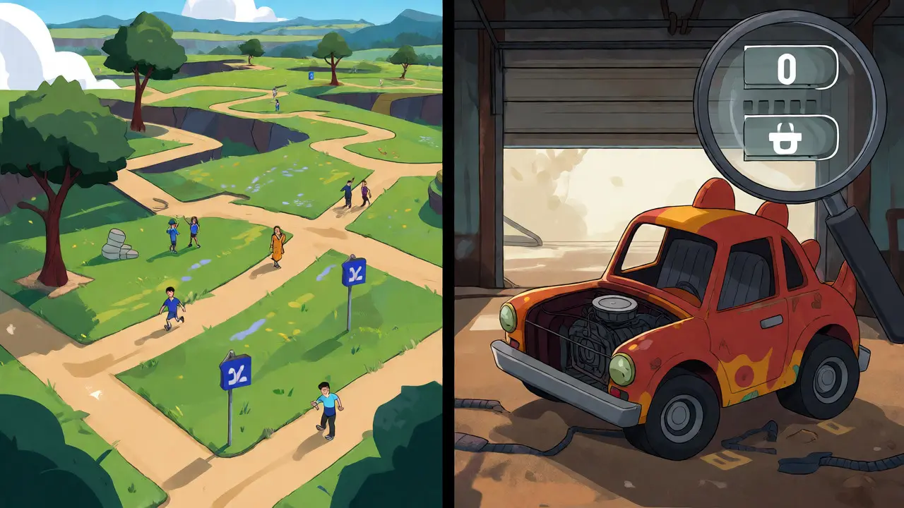 Split view comparing an active GameFi community with a stalled, abandoned dinosaur-themed project.