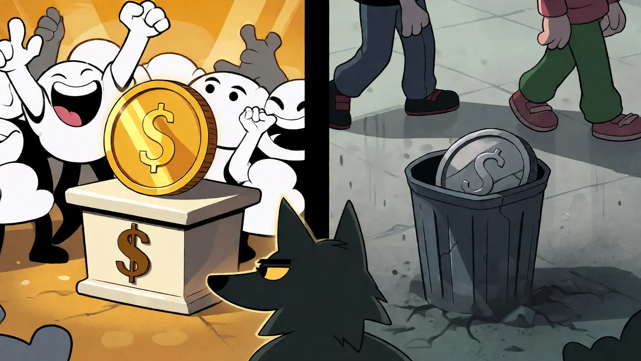 Split view of valuable versus worthless WSPP tokens with skeptical wolf