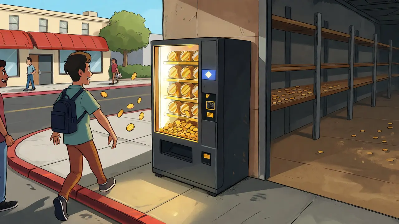 Vending machine on busy street vs empty warehouse showing liquidity efficiency