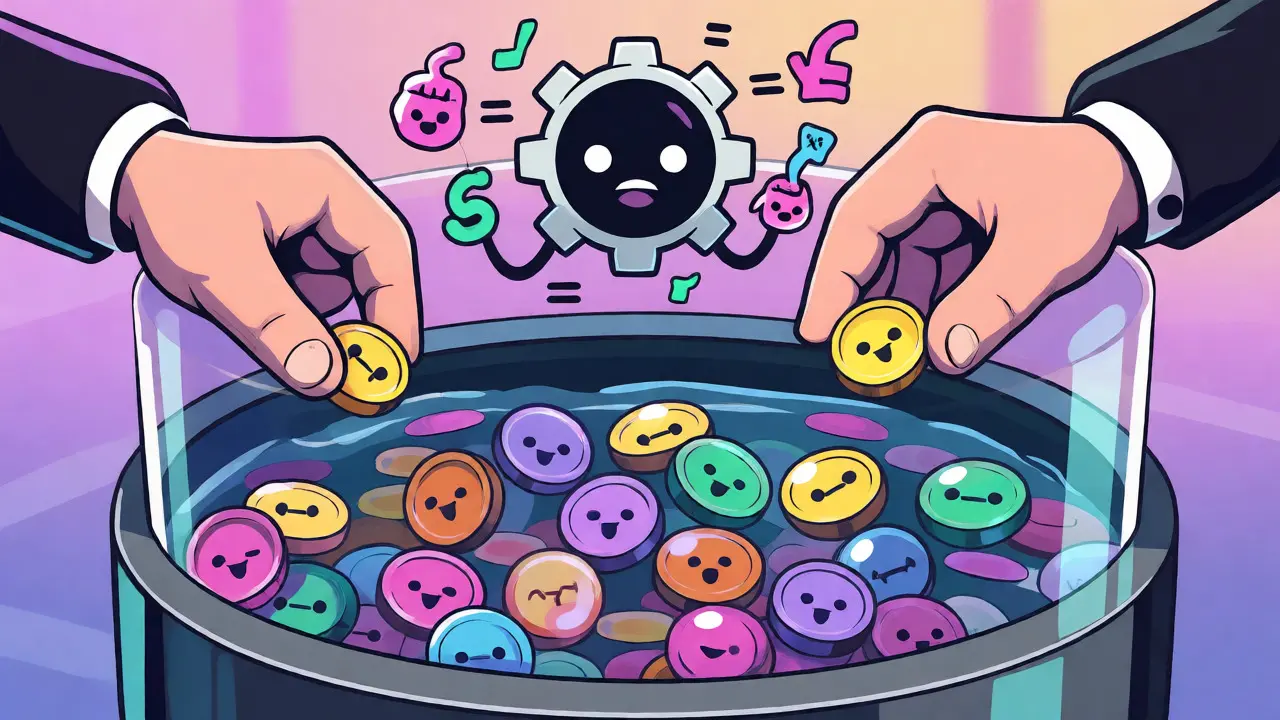 Whimsical cartoon visualization of swapping tokens in an AMM liquidity pool on Arbitrum
