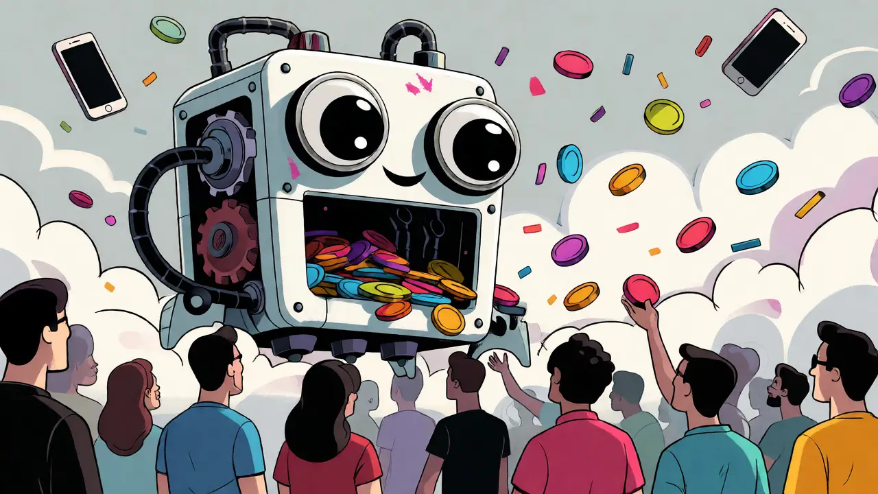 Whimsical robot machine dispensing crypto tokens to a crowd of users.