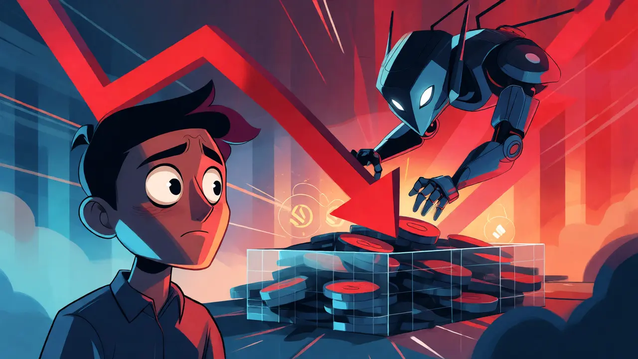 Worried character watching a robot liquidate their crypto collateral during a price crash.